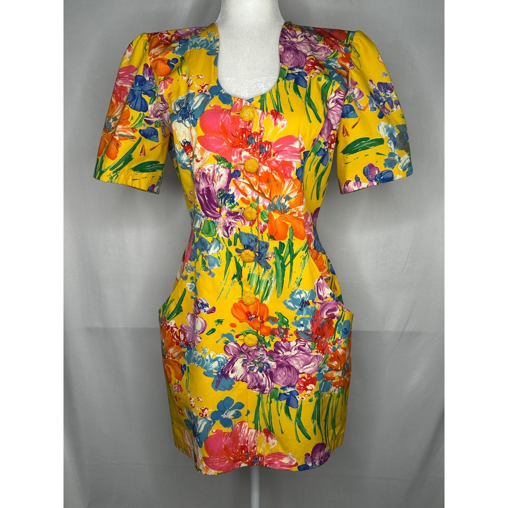 Ungaro Parallele Paris Vintage Floral Button Front Mini Dress Yellow Italy 10